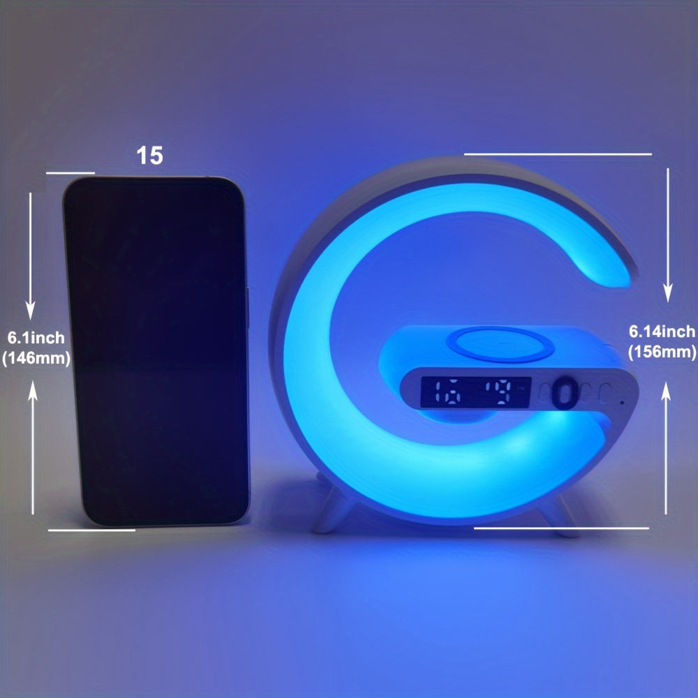 G-Shaped Wireless Charger Lamp with Bluetooth Speaker, Alarm Clock & RGB Night Light
