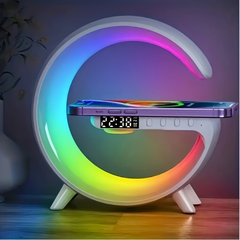 G-Shaped Wireless Charger Lamp with Bluetooth Speaker, Alarm Clock & RGB Night Light