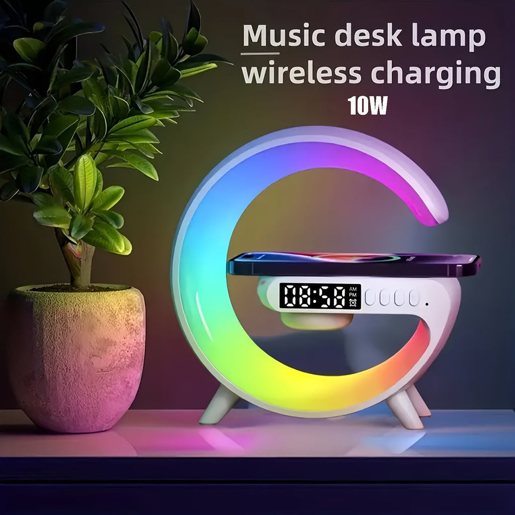 G-Shaped Wireless Charger Lamp with Bluetooth Speaker, Alarm Clock & RGB Night Light