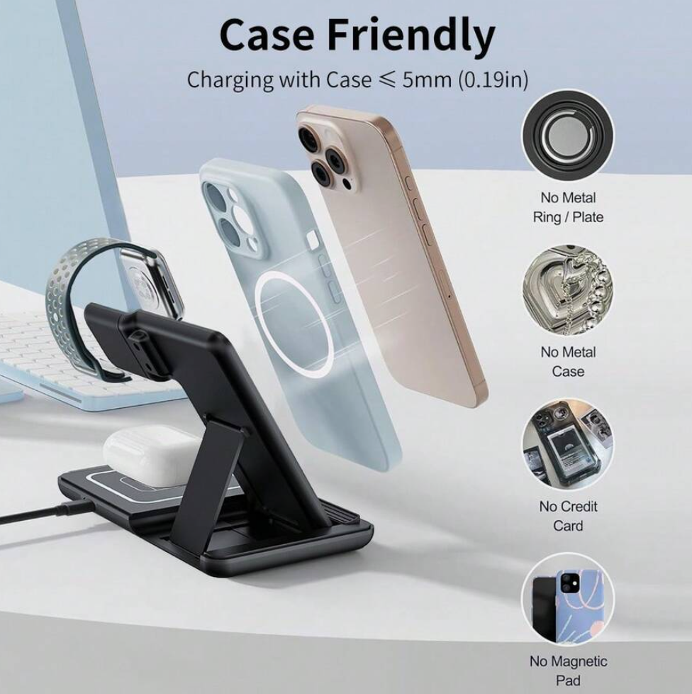 Phone charging stand with phone cases and features highlighted on a white background