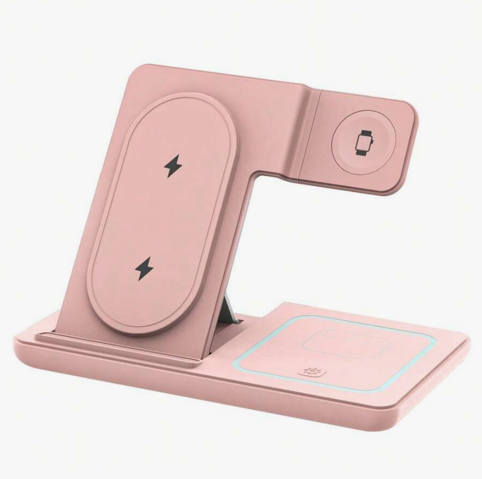 Pink wireless charging stand with multiple slots on a white background