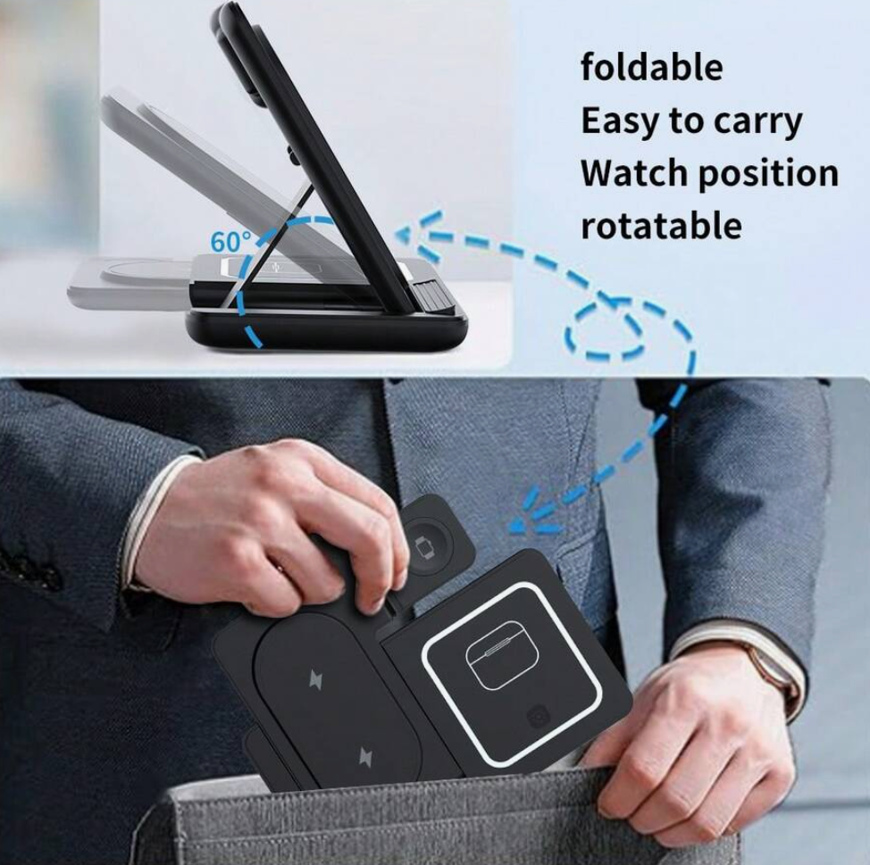 Foldable phone case with watch position rotatability feature, shown in use.