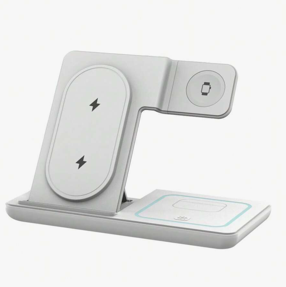 White wireless charging stand with multiple slots on a white background