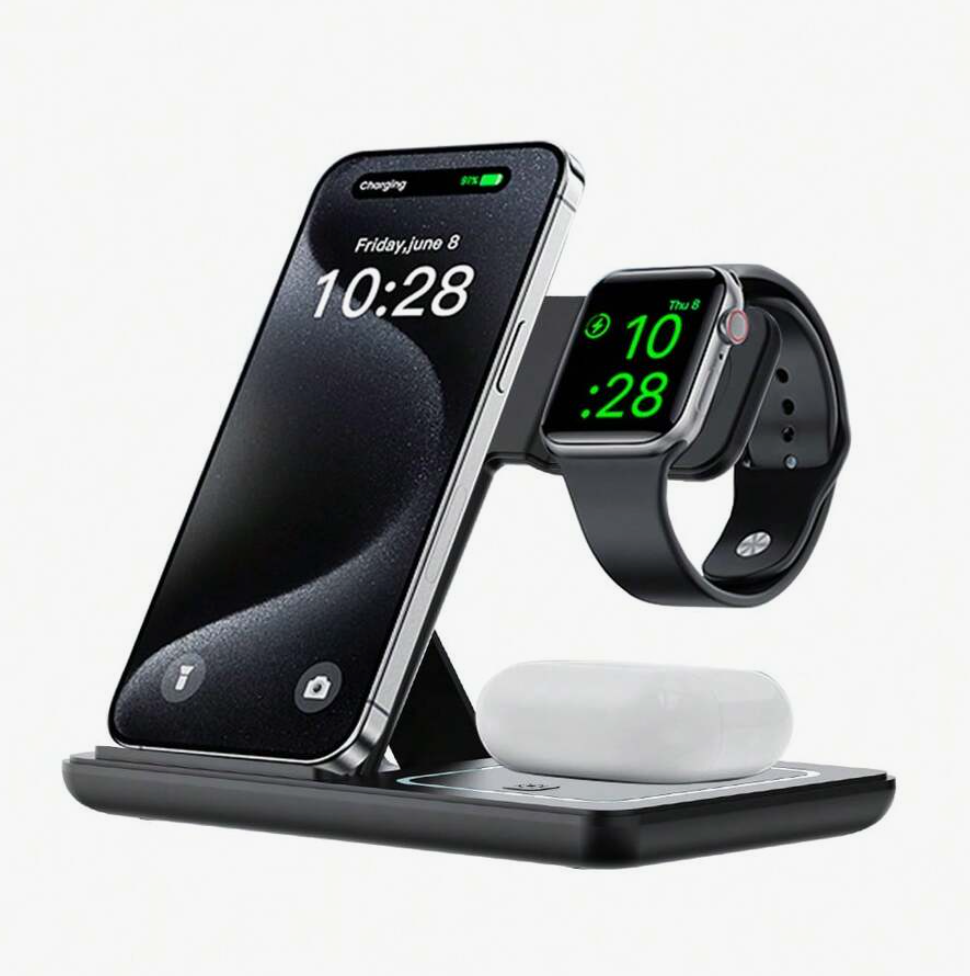 Wireless charging stand with smartphone, smartwatch, and earbuds on a white background