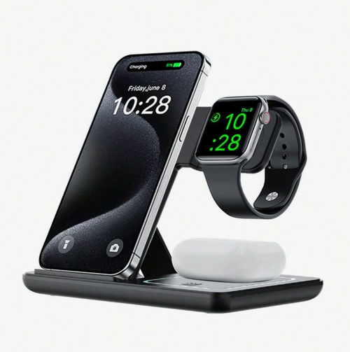 Wireless charging stand with smartphone, smartwatch, and earbuds on a white background