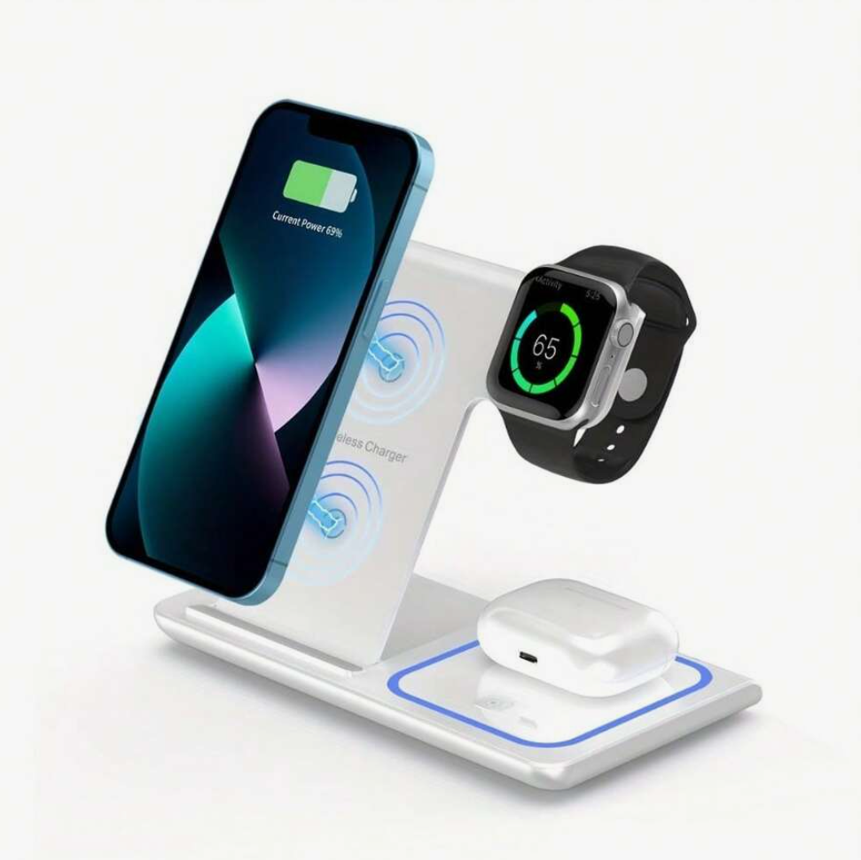 Wireless charging station with smartphone, smartwatch, and earbuds on a white background