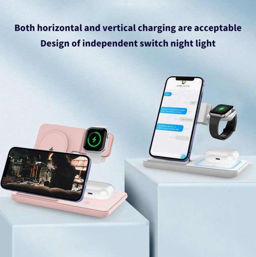 Wireless charging station with multiple devices on a light blue background