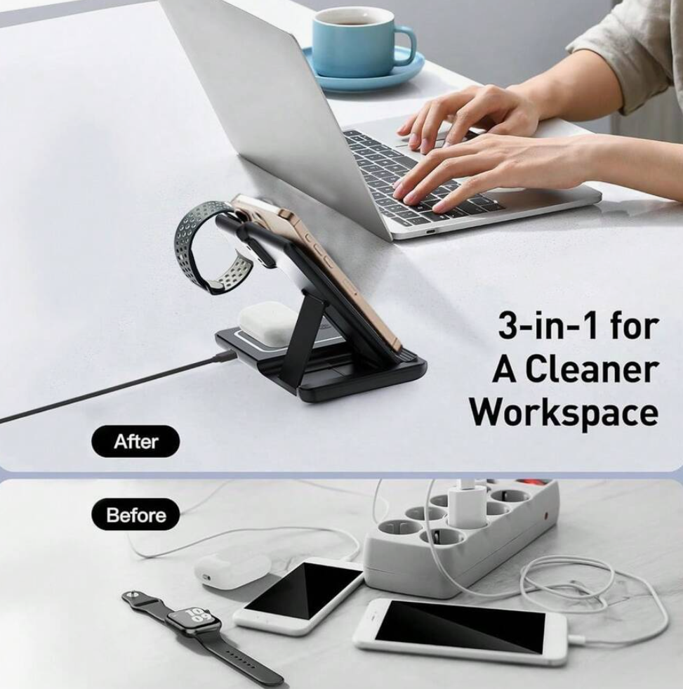 3-in-1 desk organizer with laptop, phone, and watch on a desk with text '3-in-1 for A Cleaner Workspace'.