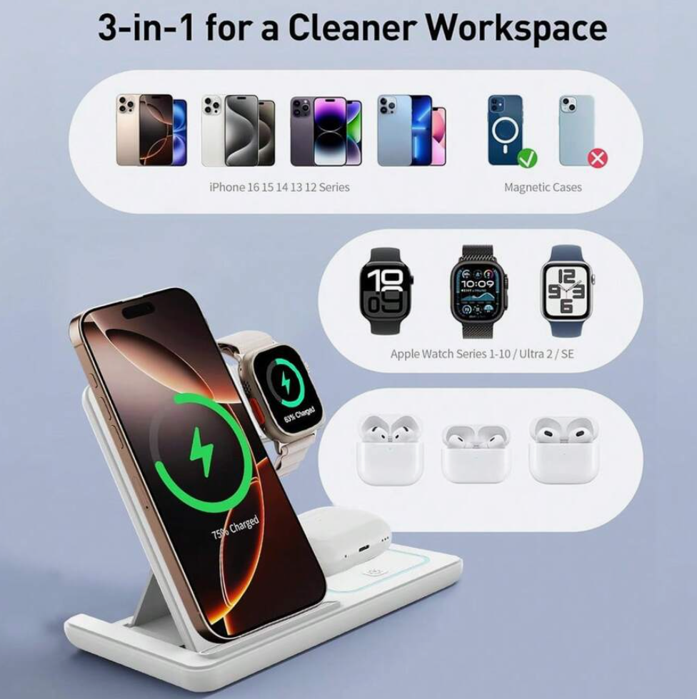 Multi-device charging station with smartphone, smartwatch, and earbuds on a light gray background.